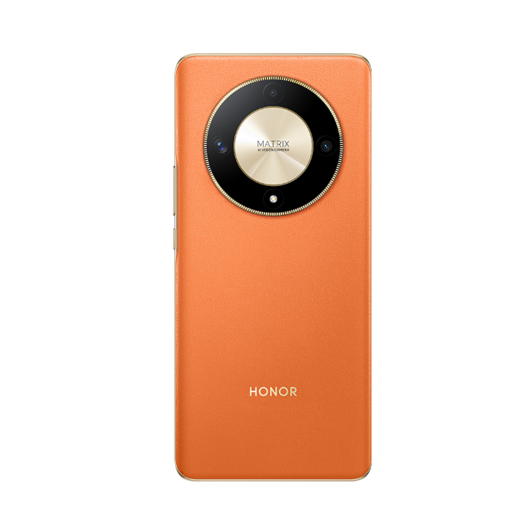 Parte trasera de un smartphone naranja con módulo de cámara circular y marca Honor dorada.