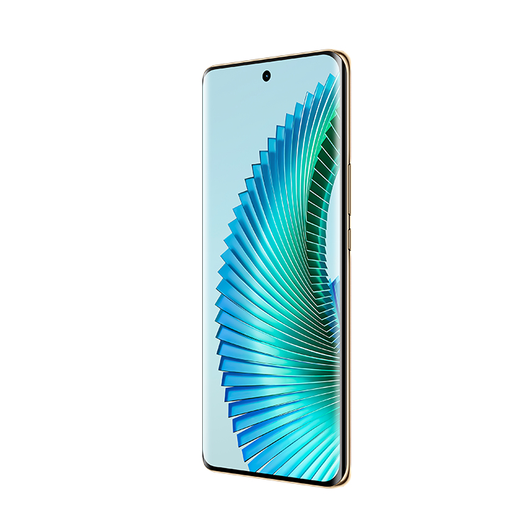 Un teléfono inteligente con marco dorado muestra un patrón de abanico abstracto azul y verde.