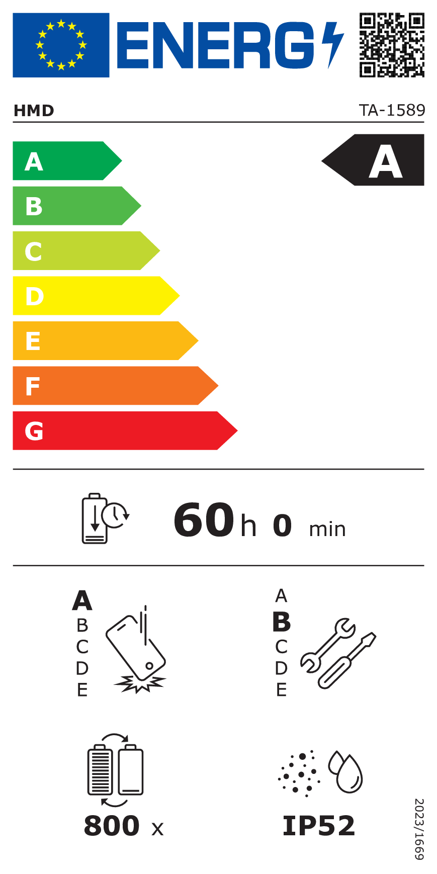 Etichetta energetica UE A, scala da A a G, batteria 60h, riparabilità B, IP52.