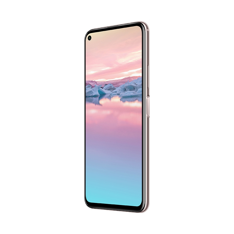 Ein Smartphone mit rosafarbenem Gehäuse zeigt ein Display mit einer rosa-blauen Eislandschaft und einem leeren Hintergrund.