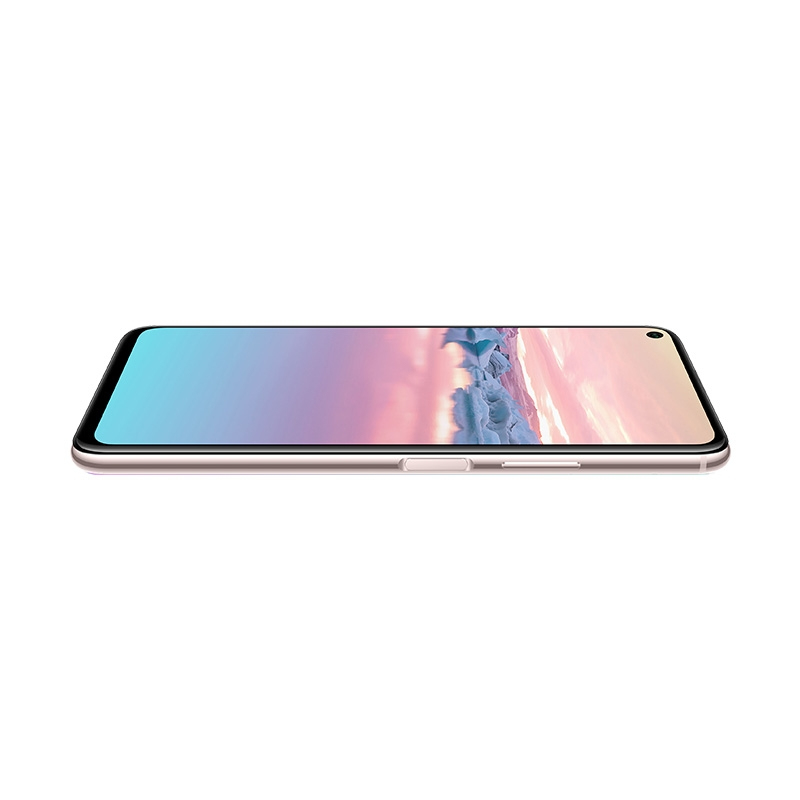 Ein goldenes Smartphone mit farbigem Display liegt flach auf weißem Hintergrund.