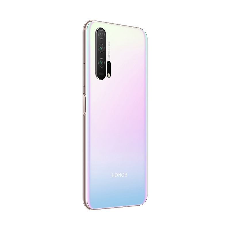 Rückseite eines rosa-blau-Farbverlauf-Smartphones mit vertikaler Vierfach-Kamera und Honor-Logo.