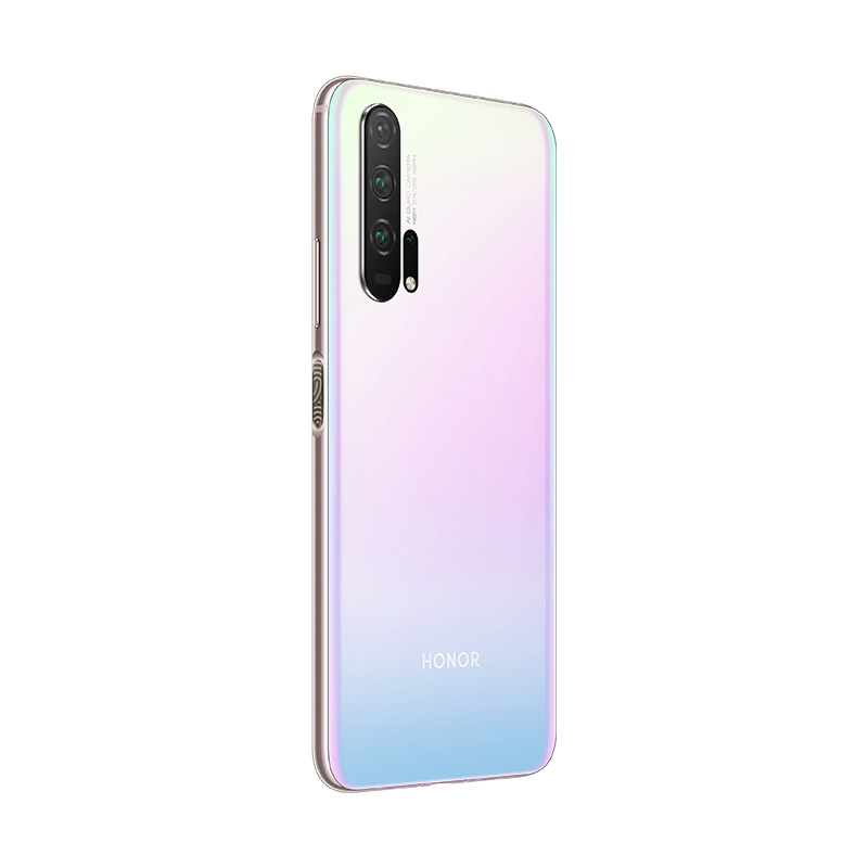 Rückseite eines hellrosa-blauen Smartphones mit vertikaler Quad-Kamera und Honor-Logo vor weißem Hintergrund.