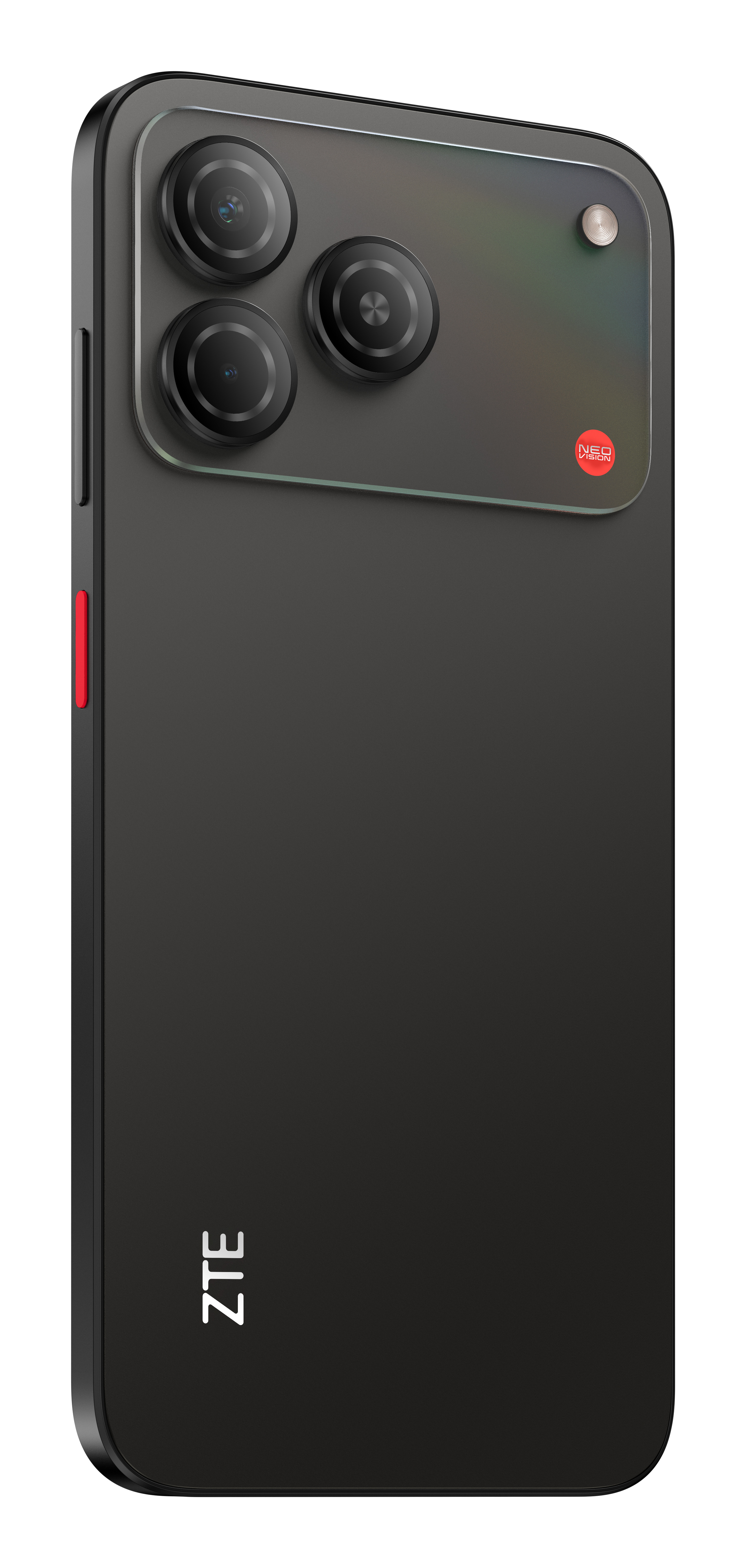 Parte trasera de un smartphone ZTE negro con tres lentes de cámara y el logotipo de ZTE.