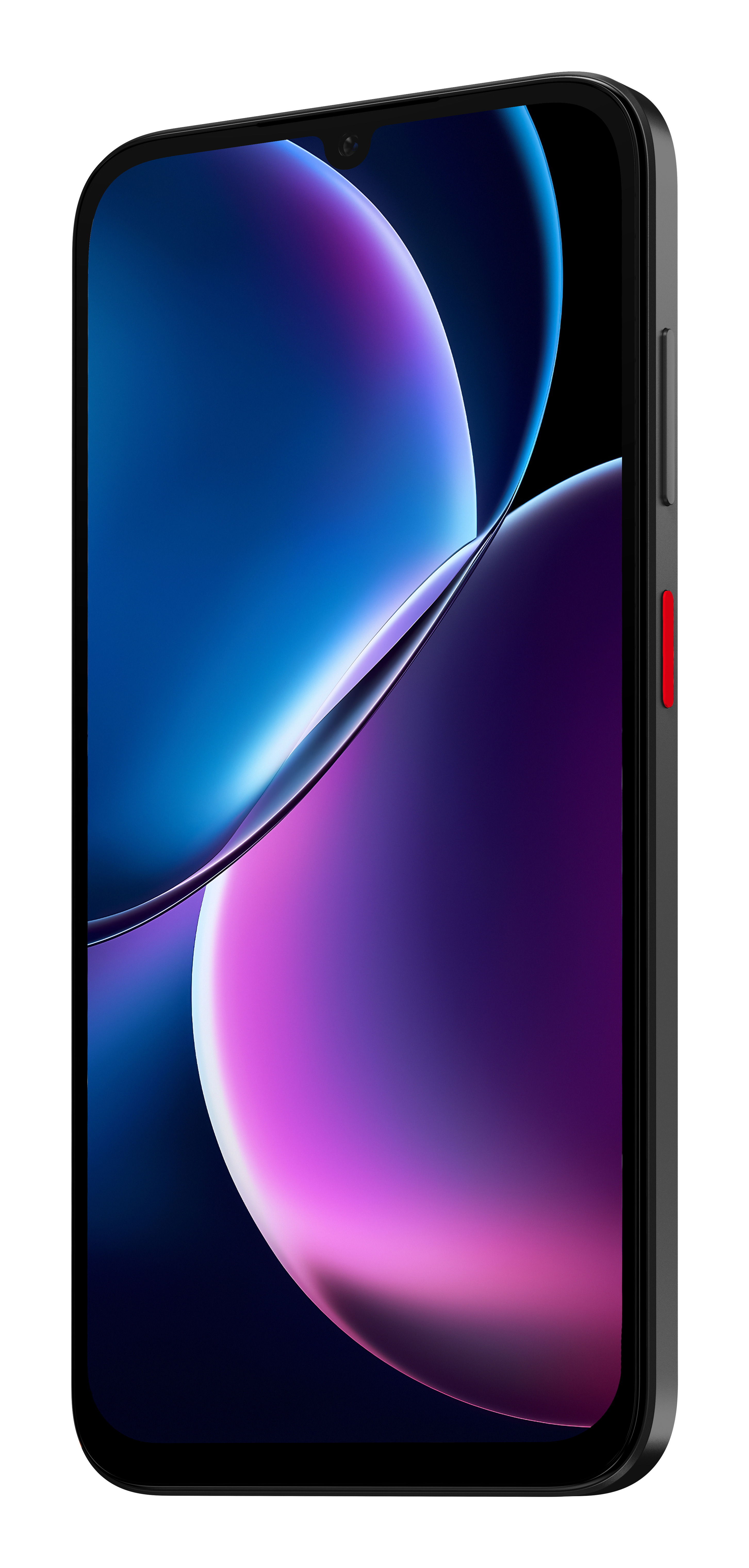 Un smartphone negro con bordes redondeados y un fondo de pantalla abstracto y colorido en la pantalla.