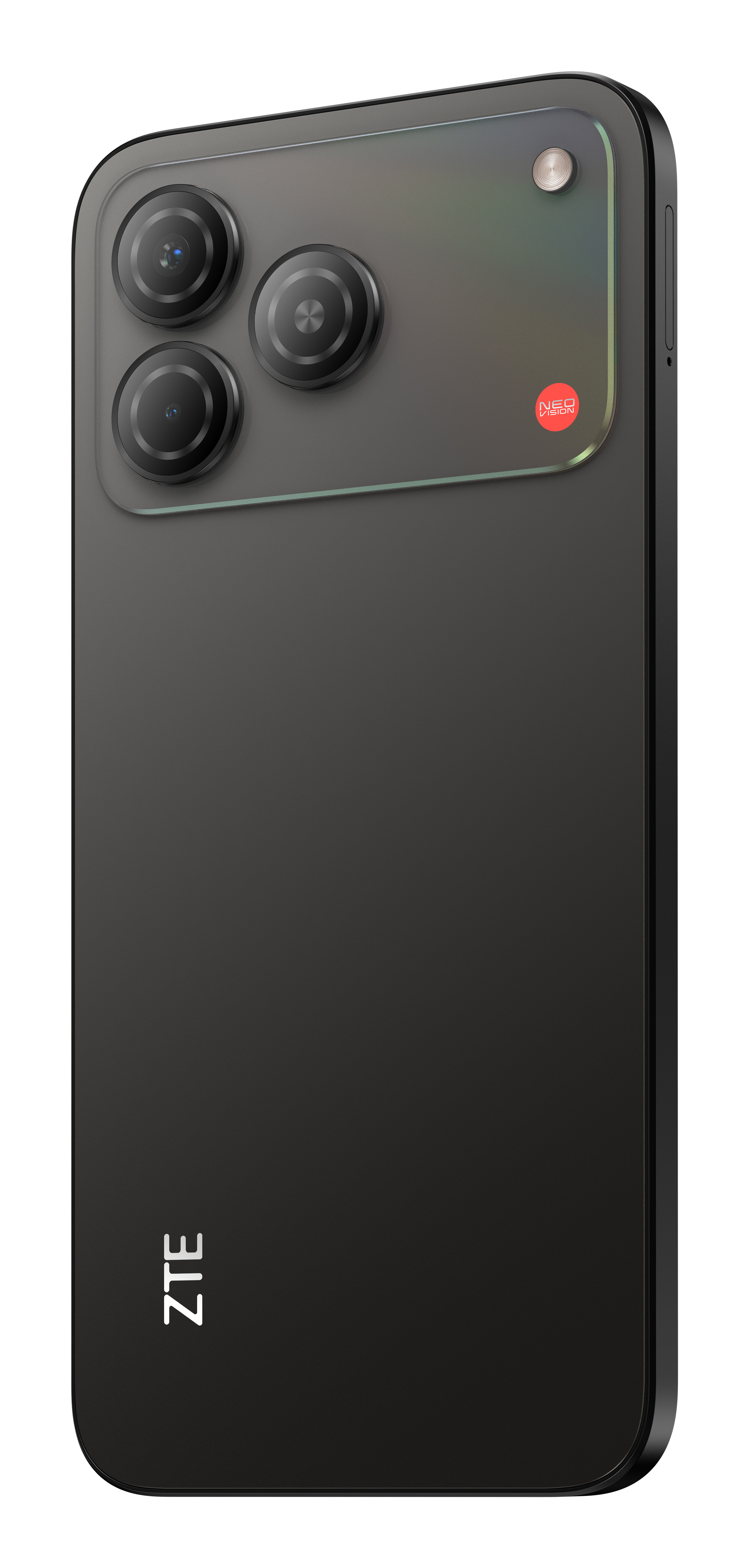 Parte trasera de un smartphone ZTE negro con un módulo de triple cámara y logo rojo.