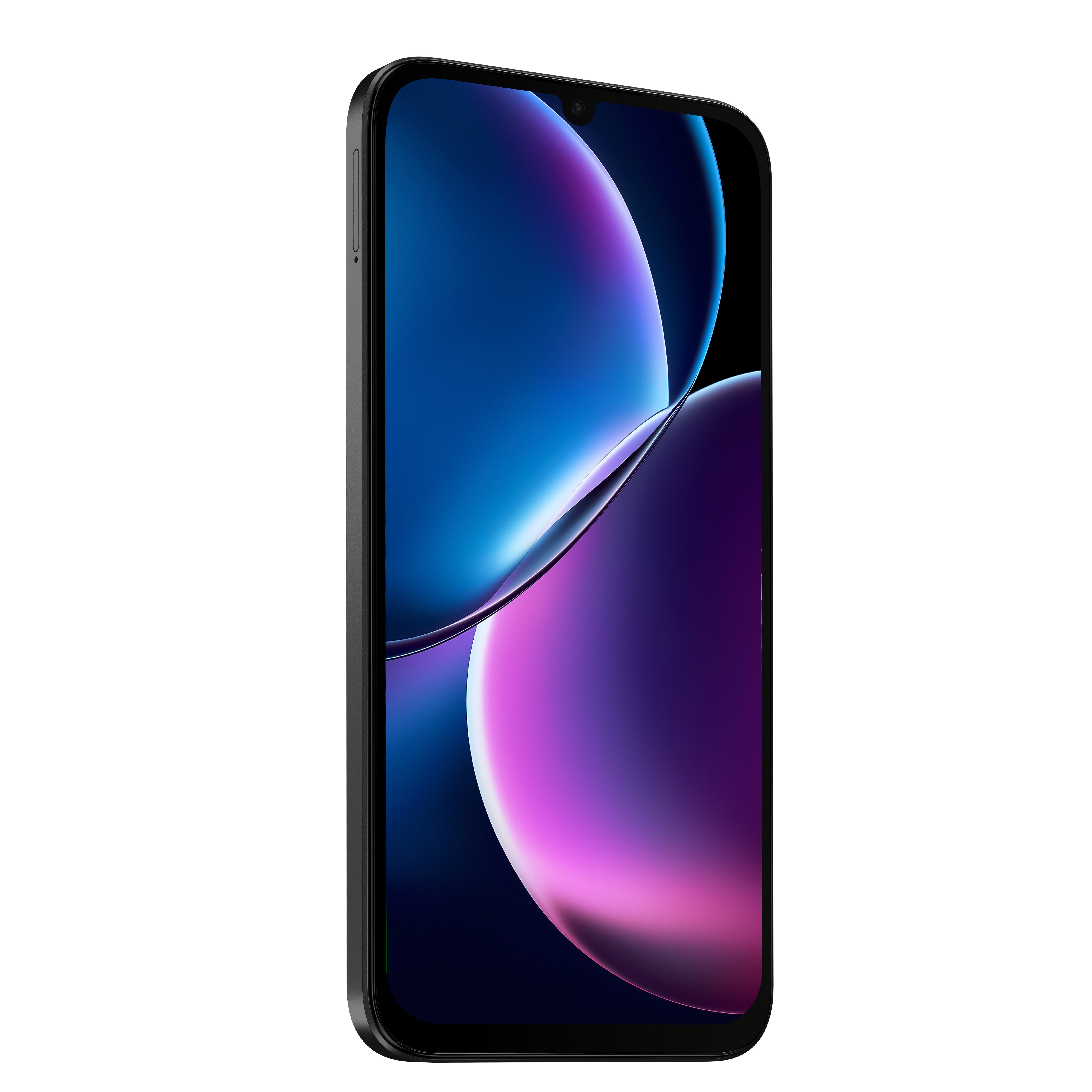 Un teléfono inteligente negro con esquinas redondeadas y un fondo de pantalla abstracto azul y púrpura.