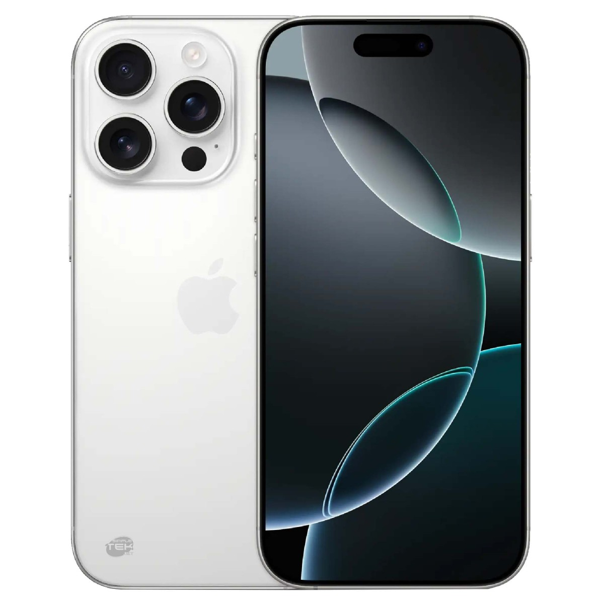 Smartphone blanco con tres cámaras traseras y vista frontal.