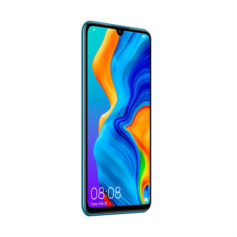 Un teléfono inteligente azul con esquinas redondeadas muestra una pantalla abstracta colorida con la hora.