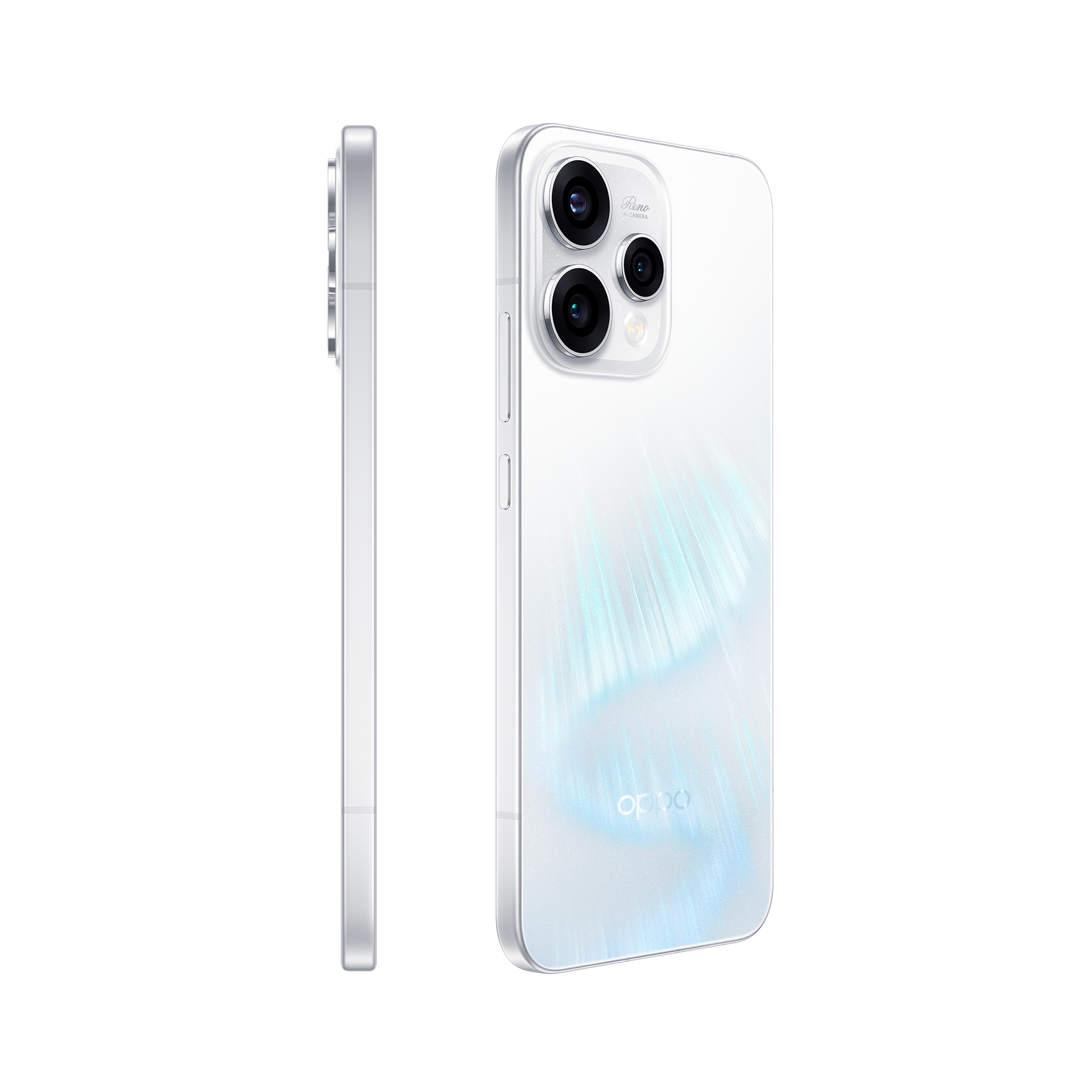 Smartphone blanco con trasera brillante y triple cámara, mostrado de perfil a la izquierda sobre fondo blanco.