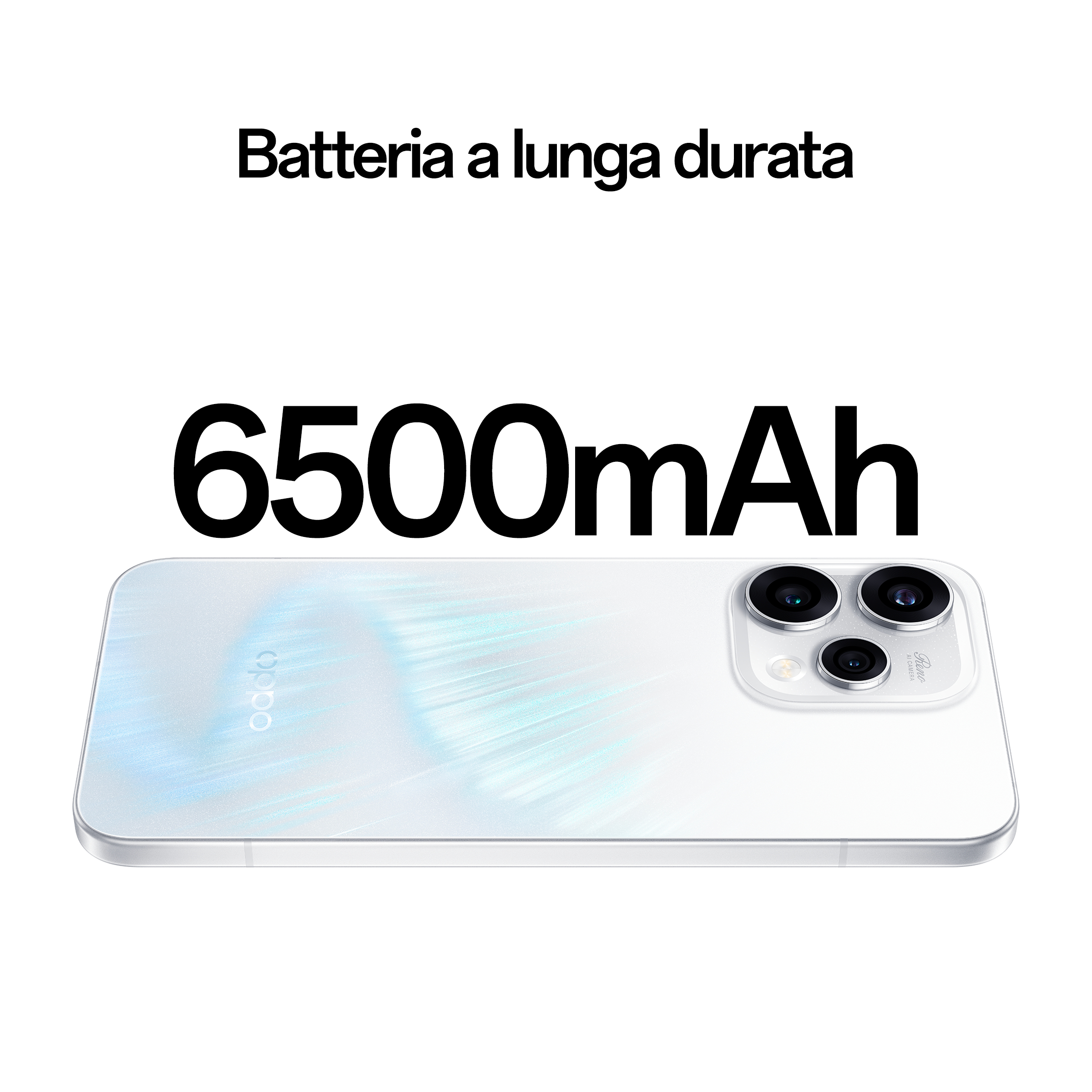 Smartphone blanco Oppo con cámara triple y texto 6500mAh.