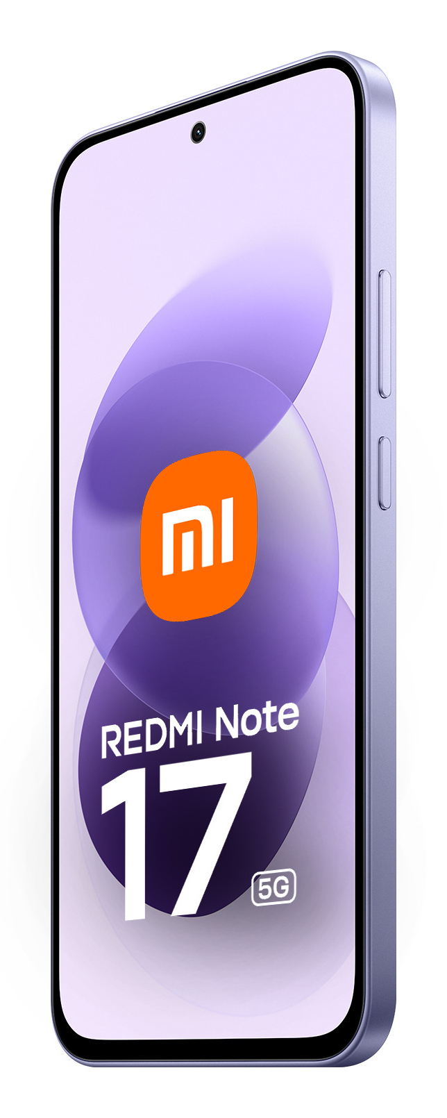 Fioletowy smartfon Redmi Note 17 5G z pomarańczowym logo Xiaomi na ekranie.