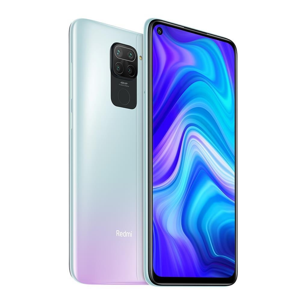Ein Smartphone mit blauer und weißer Farbverlaufsrückseite, Quad-Kamera und blau-lila Bildschirm auf weißem Hintergrund.