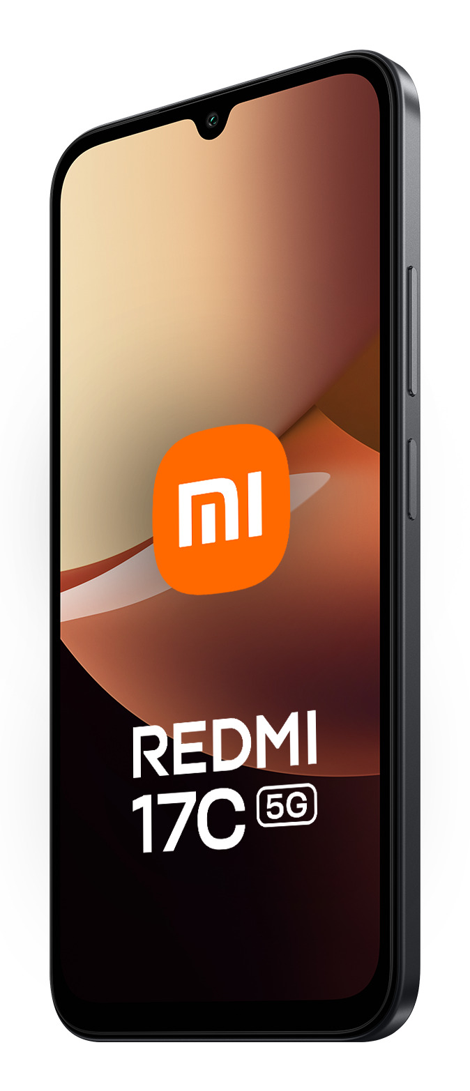 Un smartphone negro Redmi 17C 5G con el logo naranja de Xiaomi en la pantalla.