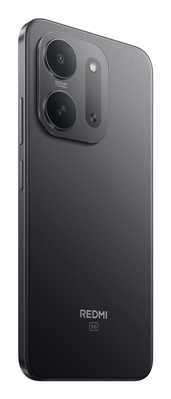Parte trasera de un smartphone Redmi 5G oscuro con dos cámaras.