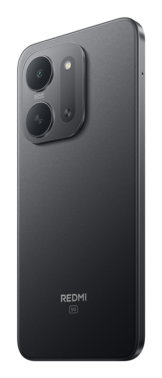 Parte trasera de un smartphone Redmi 5G gris con cámara dual y logotipo.