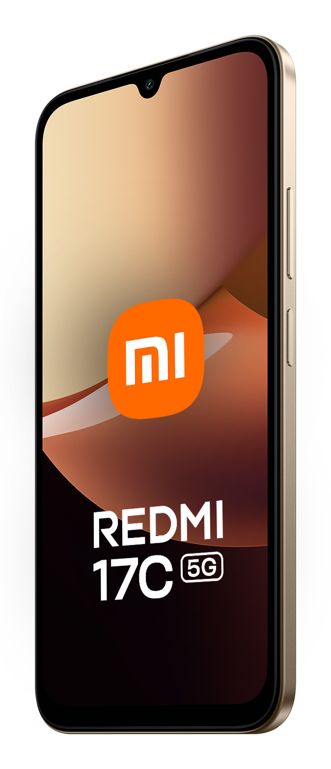 Ein goldenes Xiaomi Redmi 17C 5G Smartphone zeigt das Mi-Logo auf einem warmen Hintergrund.