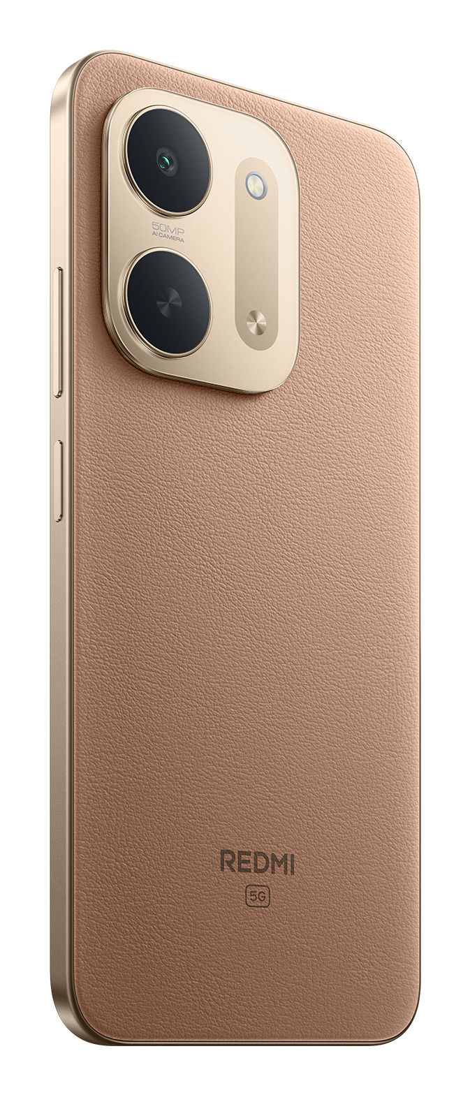 Goldfarbenes Smartphone mit strukturierter Rückseite, Dual-Kamera in Pillenmodul und Redmi 5G Logo.
