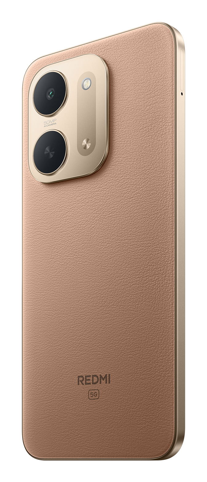 Rückseite eines goldfarbenen Redmi 5G Smartphones mit zwei Kameralinsen in einem ovalen Modul und der Aufschrift REDMI.