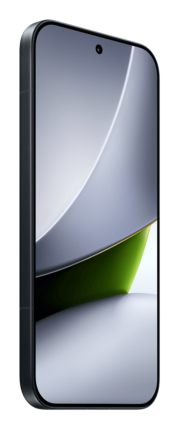 Ein Smartphone mit dunklem Rahmen zeigt ein abstraktes Display mit silbernen und grünen Kurven.