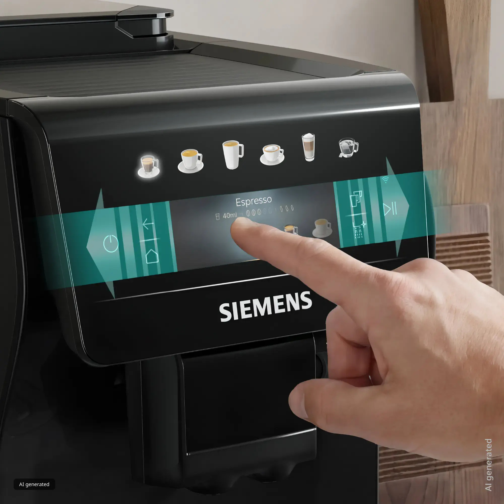 Ręka obsługująca ekran dotykowy czarnego ekspresu do kawy Siemens z espresso.