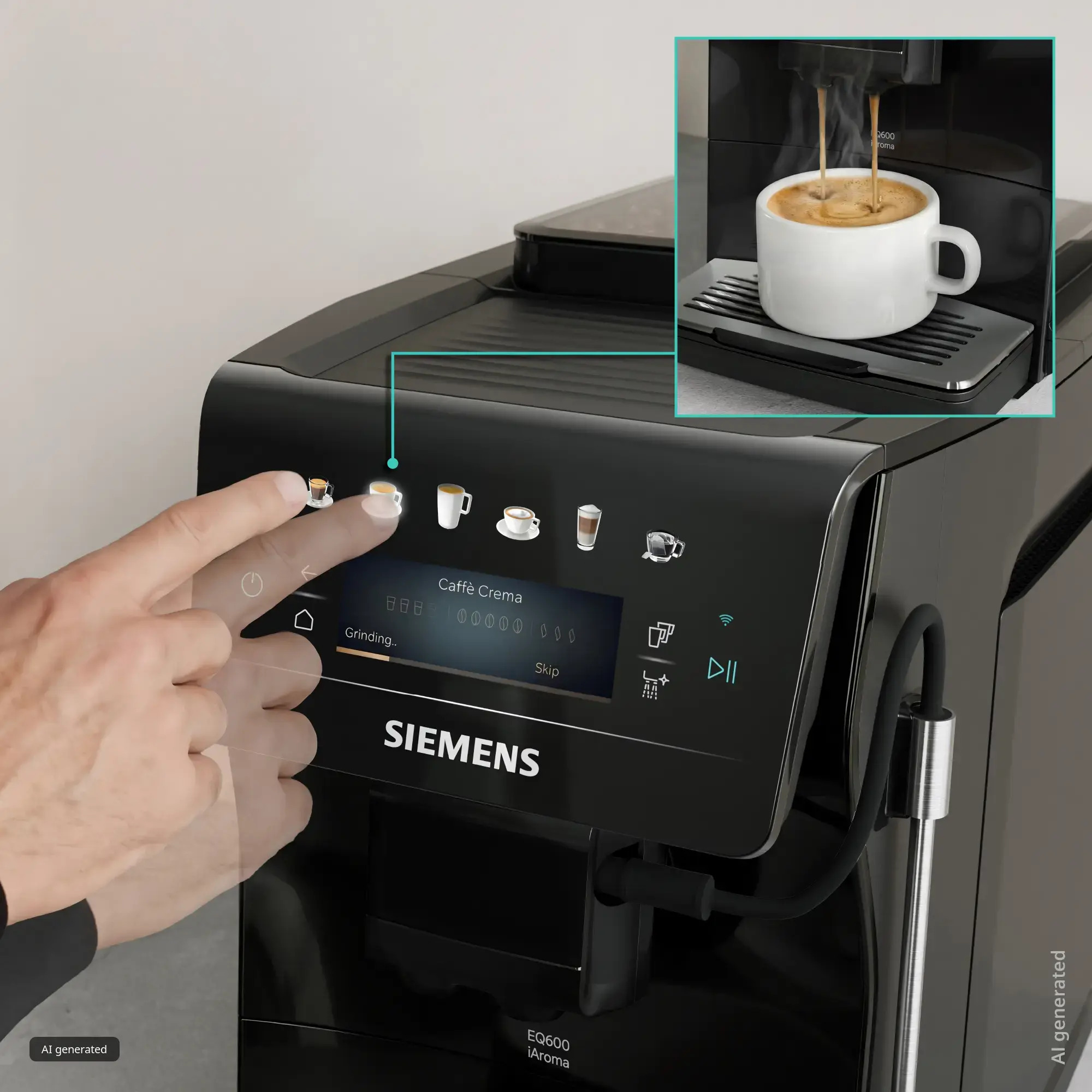 Ręka wybiera Caffè Crema na ekranie ekspresu Siemens, a wstawka pokazuje parzącą się kawę w białej filiżance.