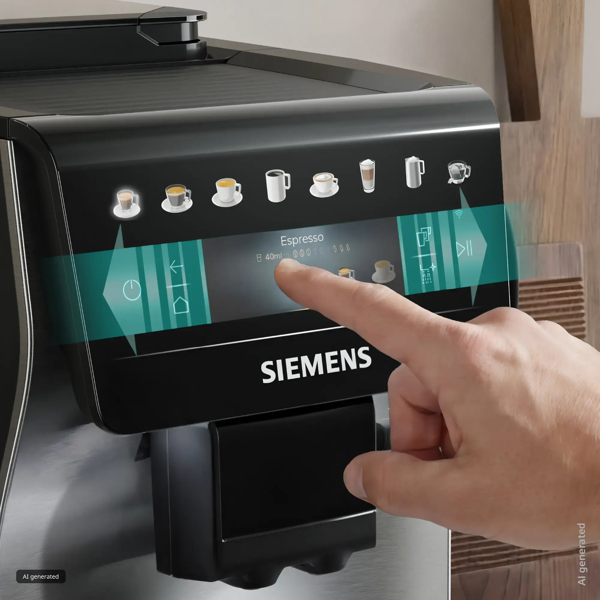 Ręka dotyka cyfrowego wyświetlacza ekspresu do kawy Siemens, wybierając espresso.