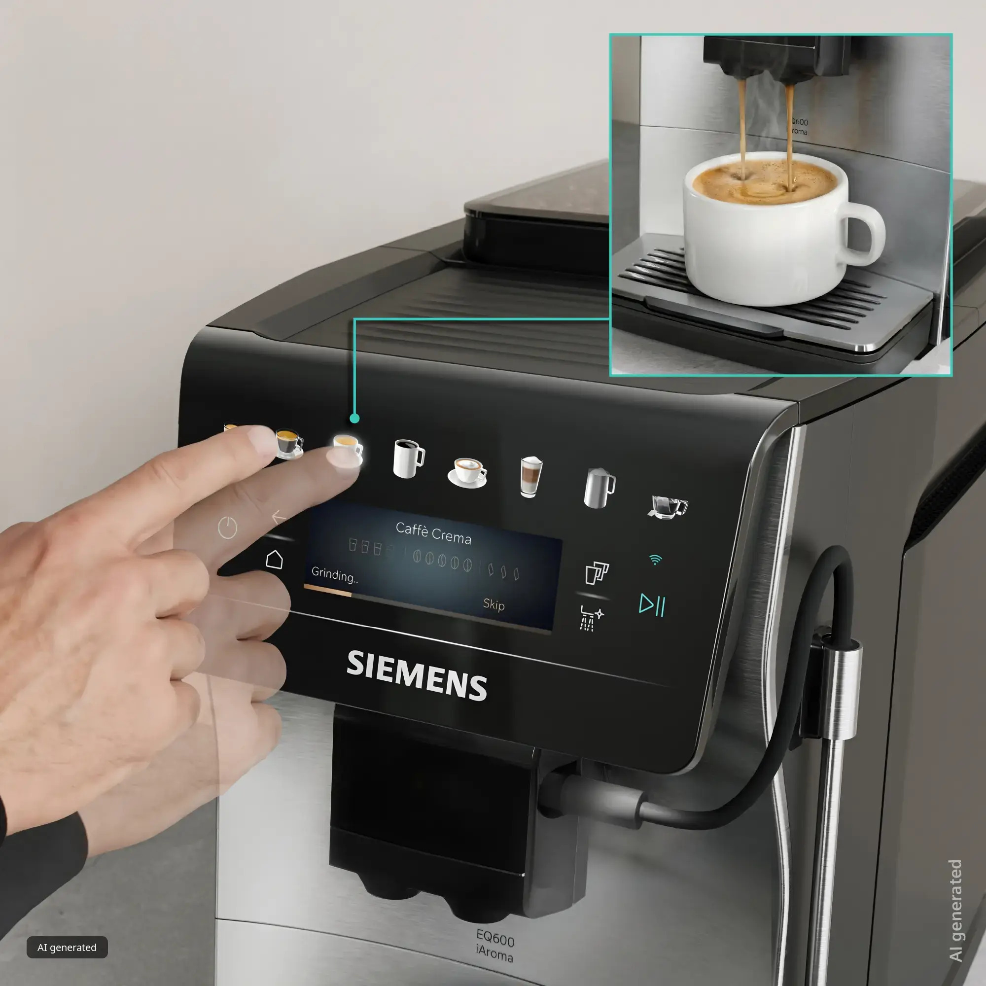 Ręka obsługuje wyświetlacz ekspresu do kawy Siemens, kawa nalewa się do filiżanki w prawym górnym rogu.