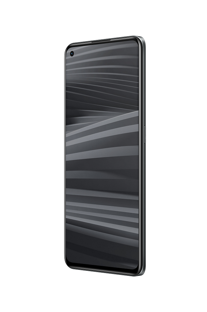Ein modernes Smartphone mit schwarzem Rand steht aufrecht und zeigt einen schwarz-weißen, gewellten Hintergrund.