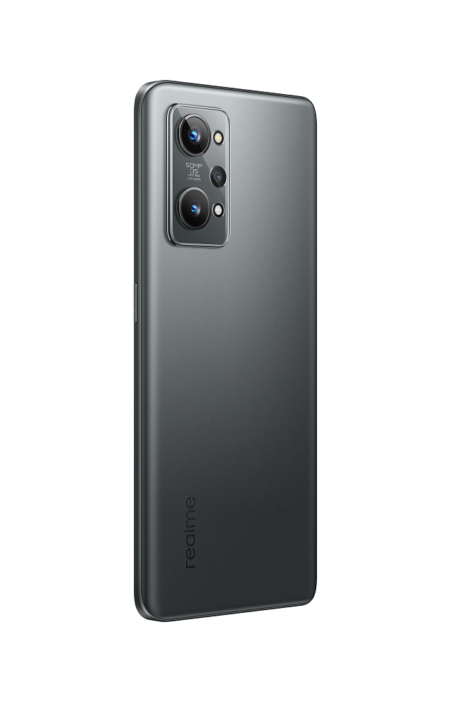 Rückseite eines grauen Realme-Smartphones mit rechteckigem Kameramodul oben links und Realme-Logo unten.