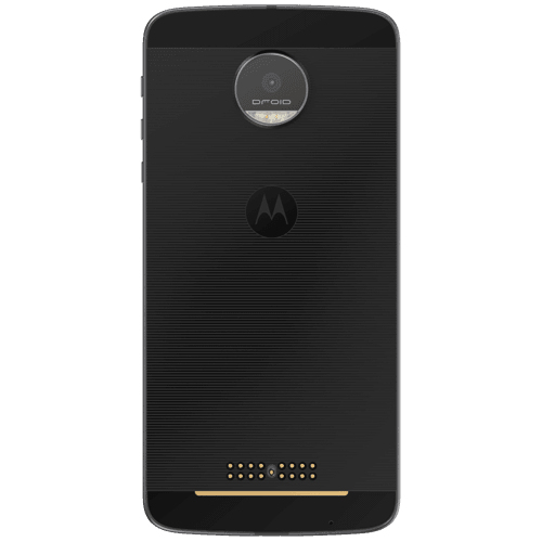 Die Rückseite eines schwarzen Smartphones mit kreisrundem Kamera-Modul, Motorola-Logo und goldenen Pins unten.