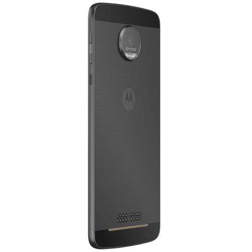 Rückansicht eines dunkelgrauen Motorola-Smartphones mit runder Kameralinse, Motorola-Logo und Lautsprecherkontakten.