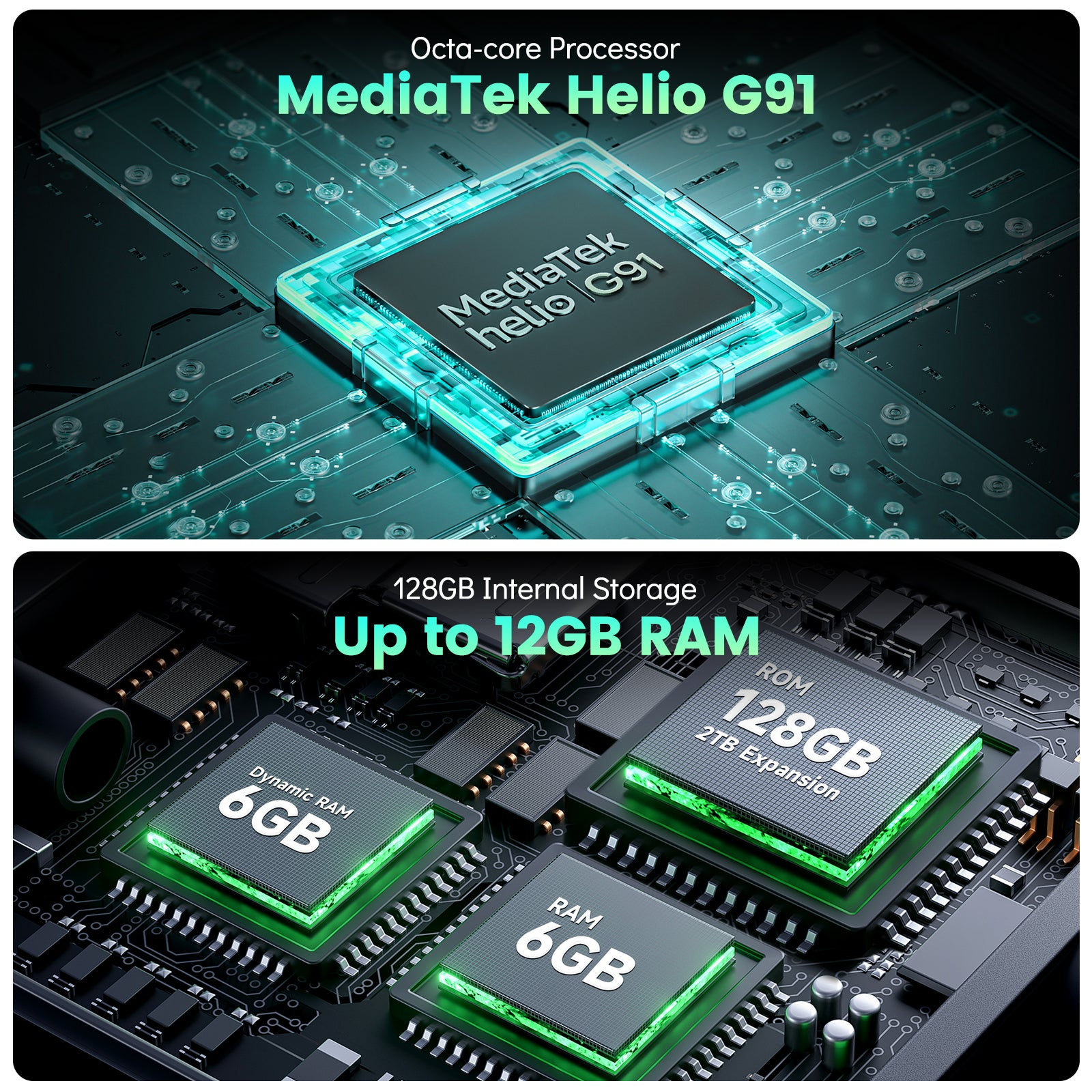Technische Darstellung des MediaTek Helio G91 Prozessors und Speichers.