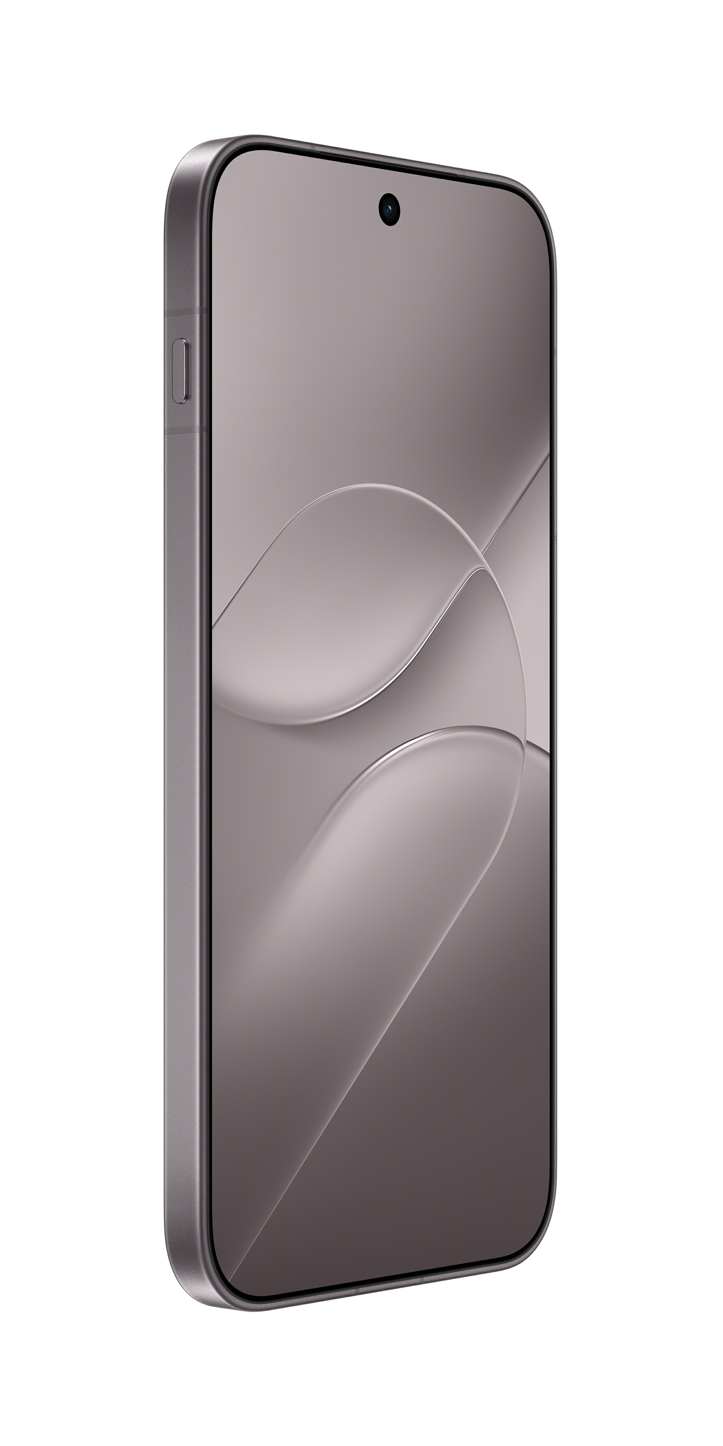 A smartphone with a brushed metal frame and an abstract grey-silver background on the screen.