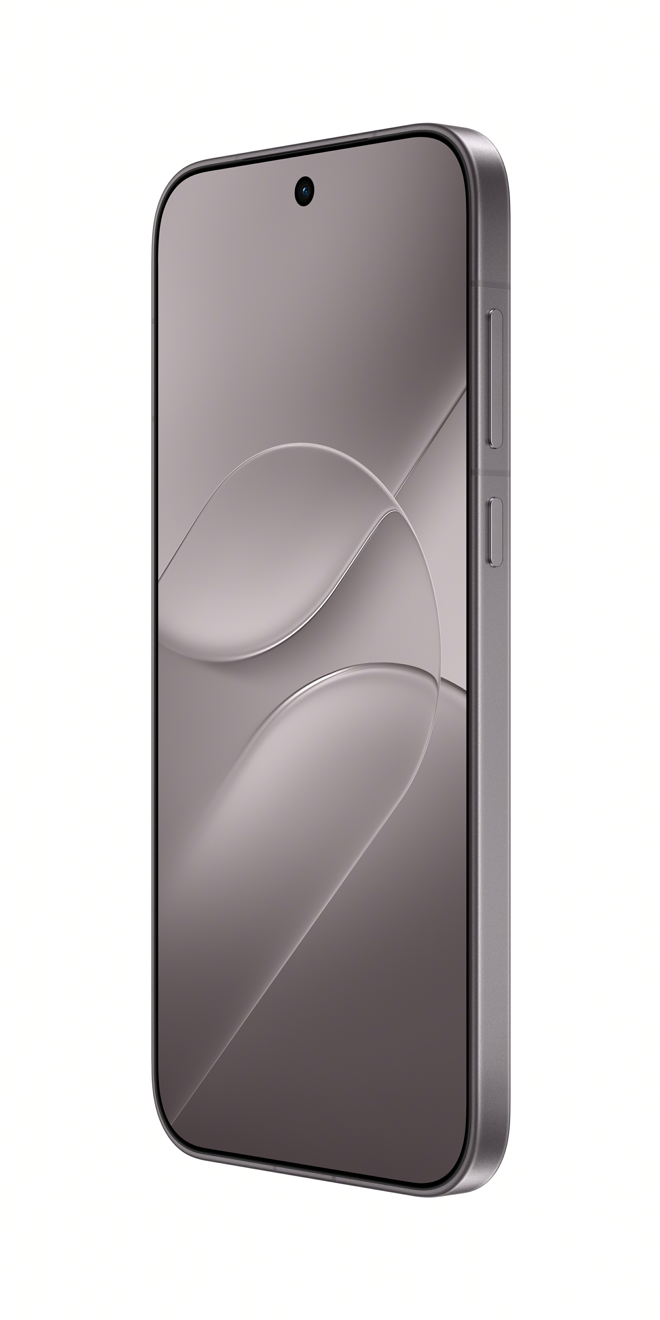 Close-up of a grey smartphone with rounded corners and a curved screen against a light background.