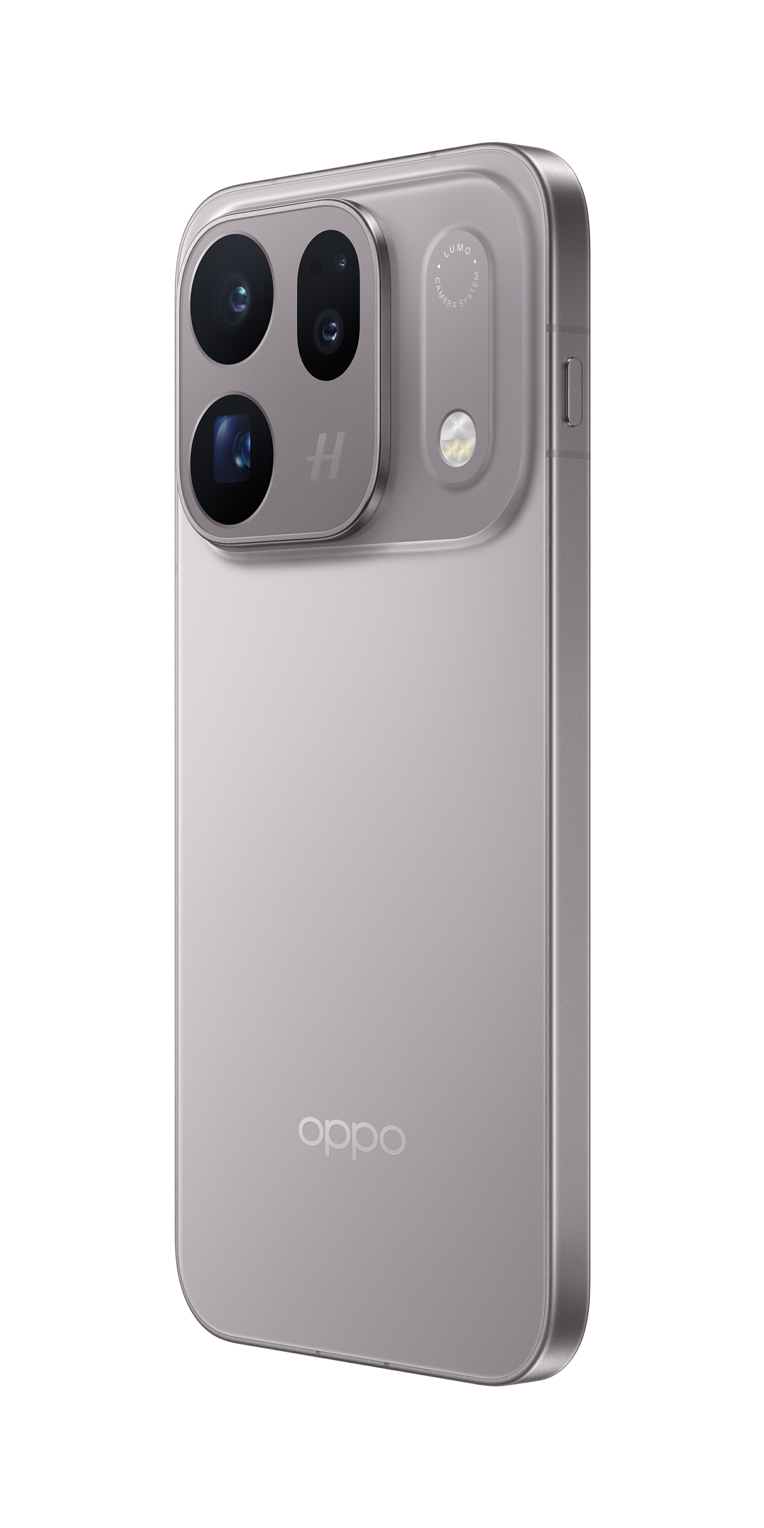 Back of a gray Oppo smartphone featuring a prominent triple camera system at the top and brand logo at the bottom.
