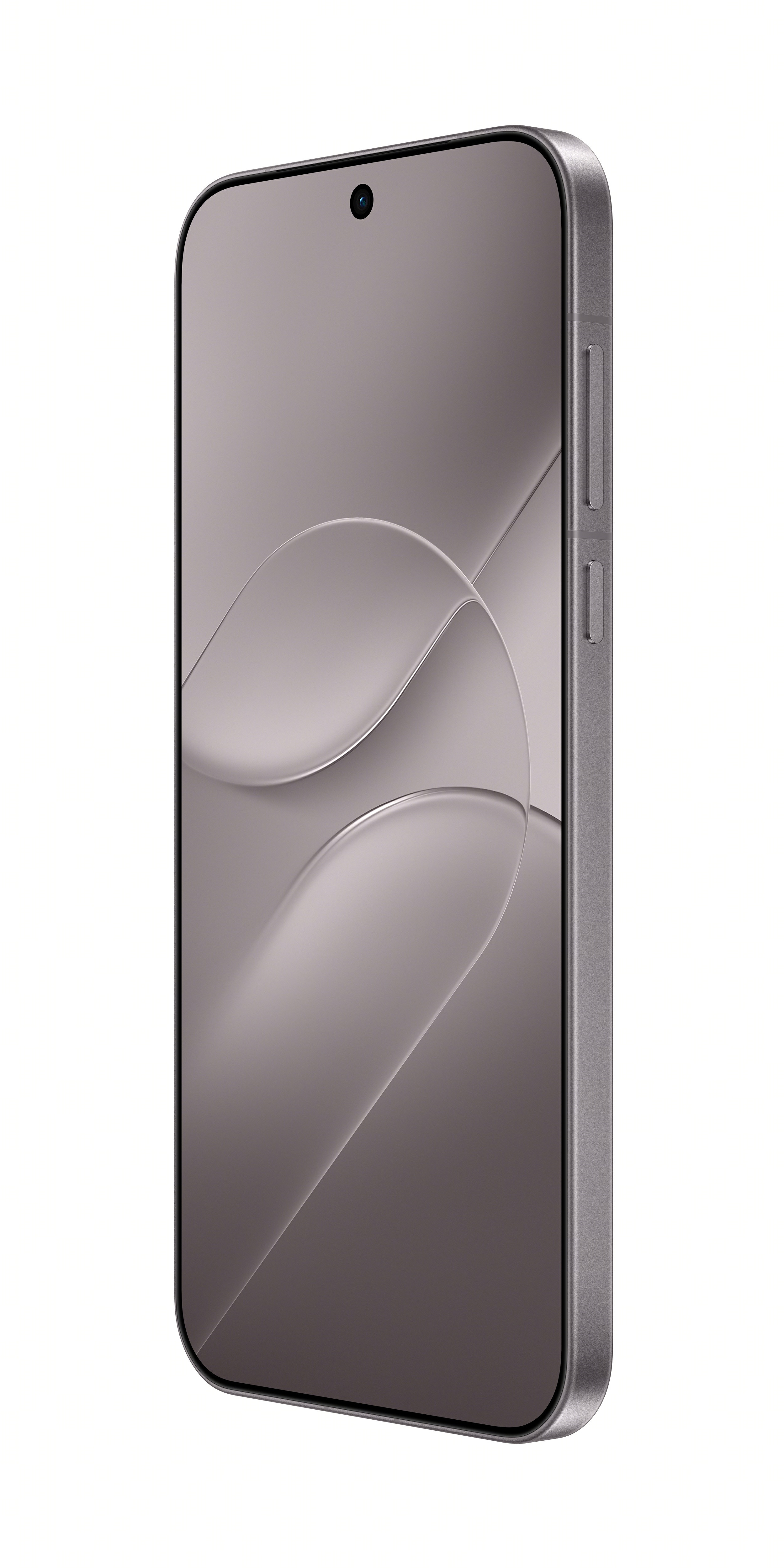 A gray smartphone in a slightly angled view displaying an abstract wavy wallpaper on its screen.