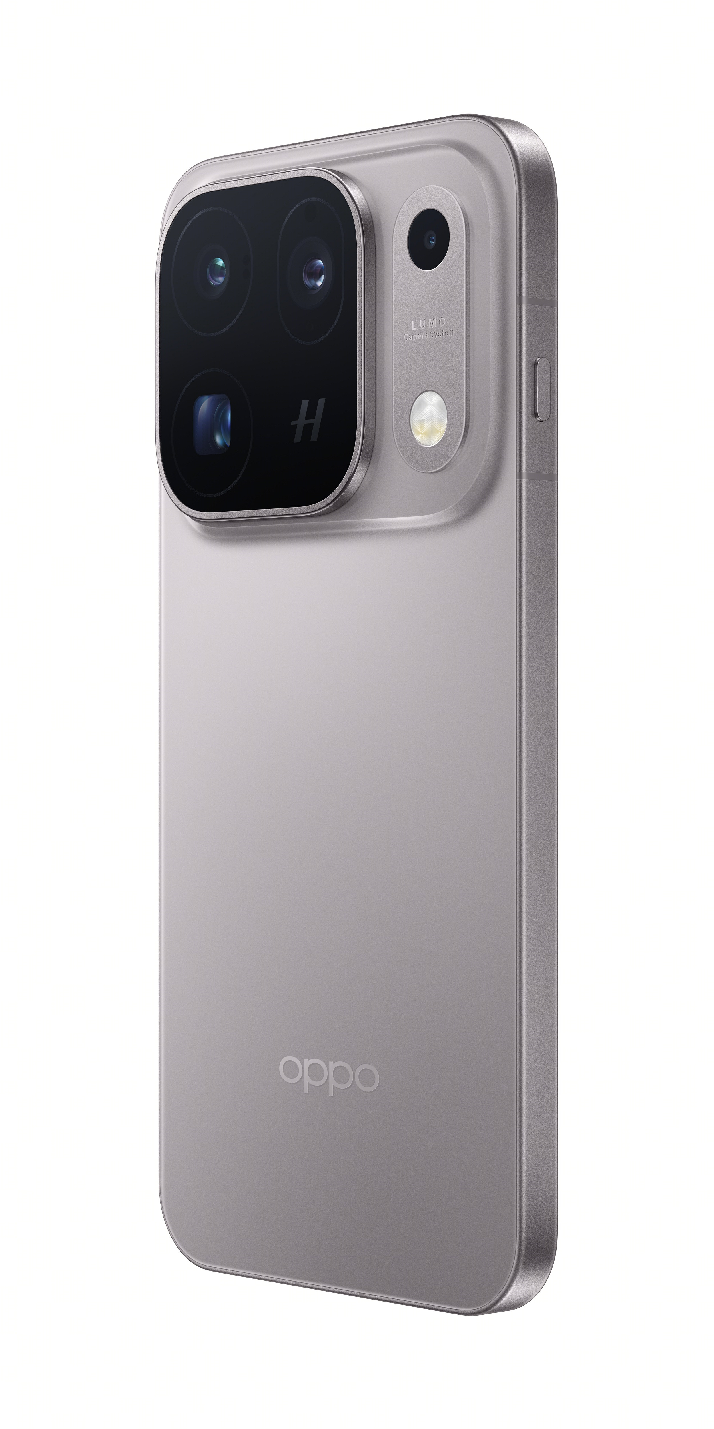 Back of a silver Oppo smartphone with a large rectangular camera module in the upper left and Oppo logo.