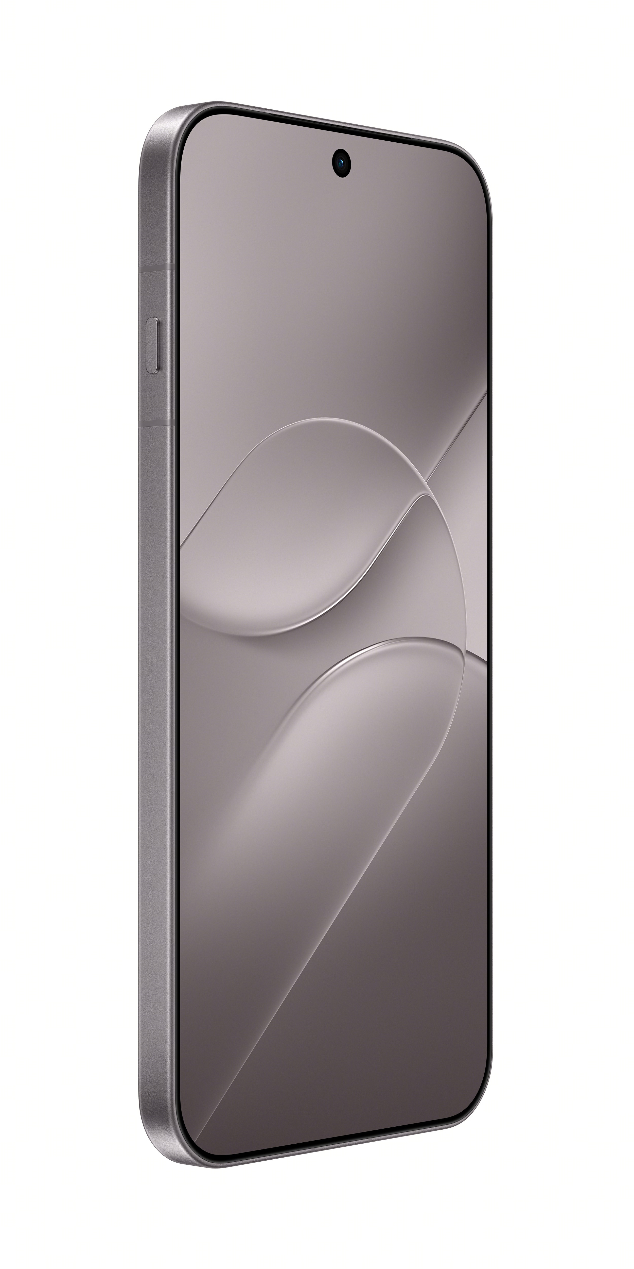 A close-up of a grey smartphone displaying an abstract wallpaper with flowing, wave-like shapes.
