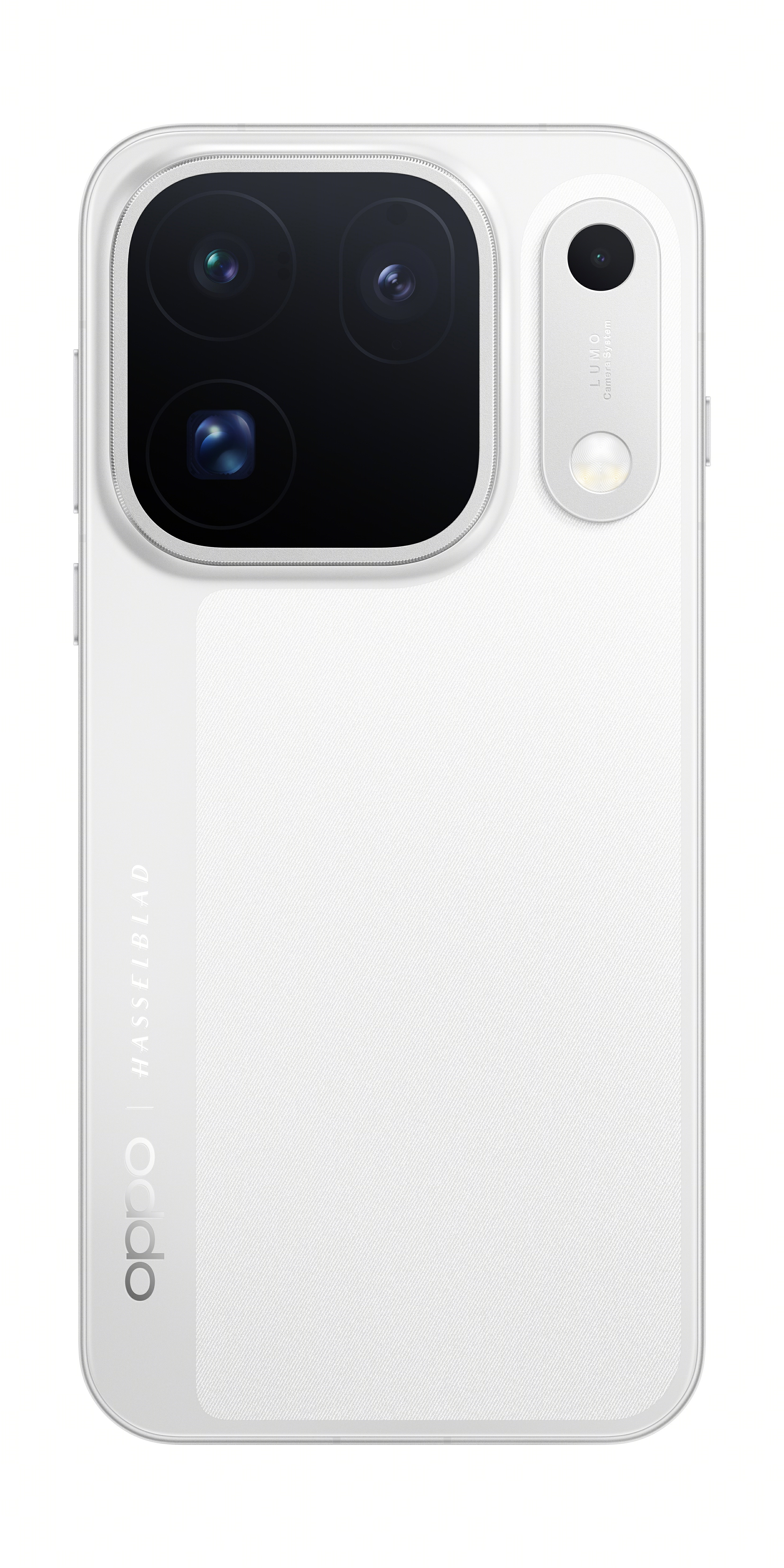 The back of a white Oppo smartphone with a triple camera and Hasselblad logo.