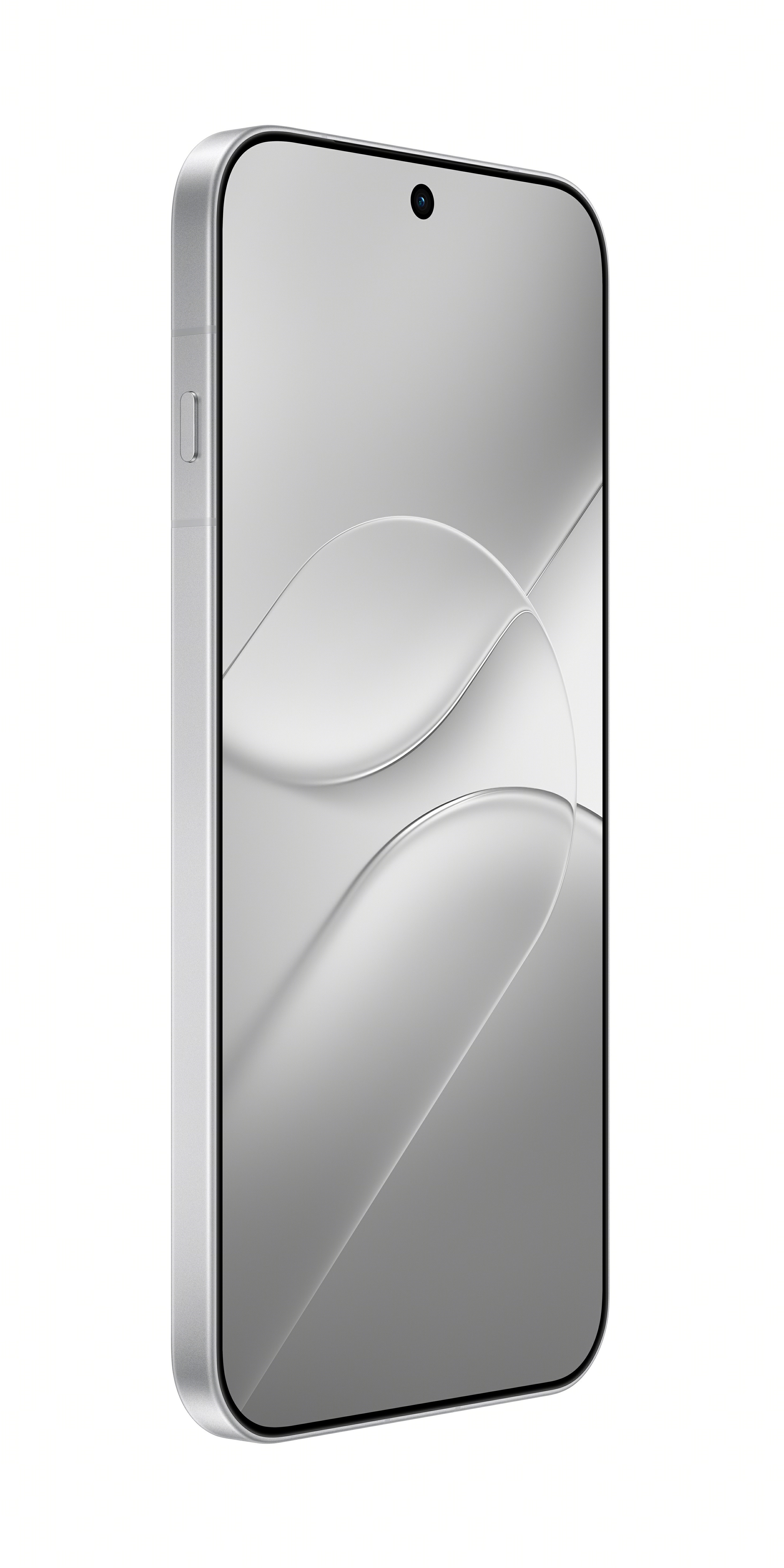 A silver smartphone stands upright against a plain white background, showing its metallic side edge.