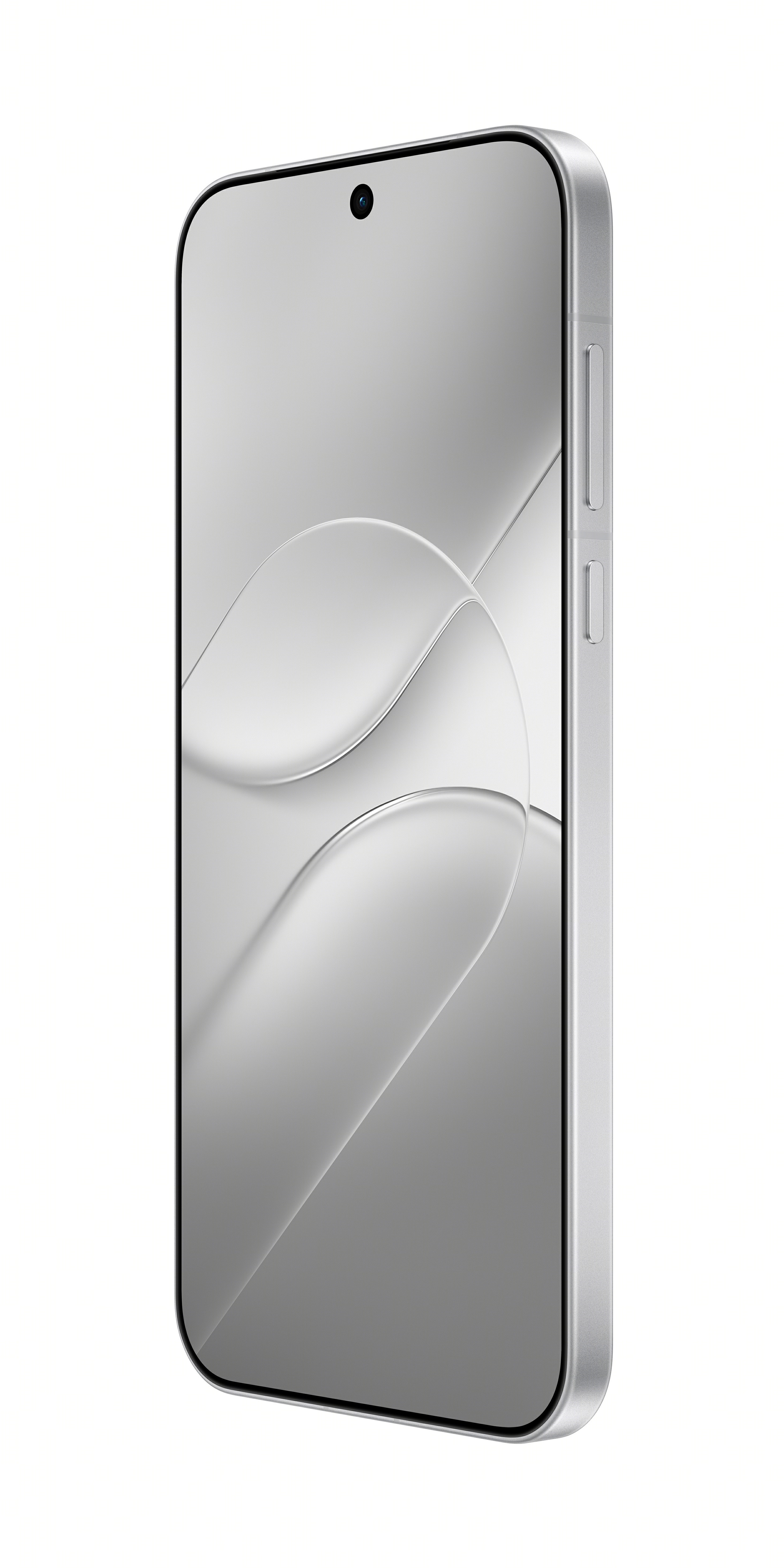 A silver smartphone stands upright at an angle against a white background, showing side buttons and an abstract screen.