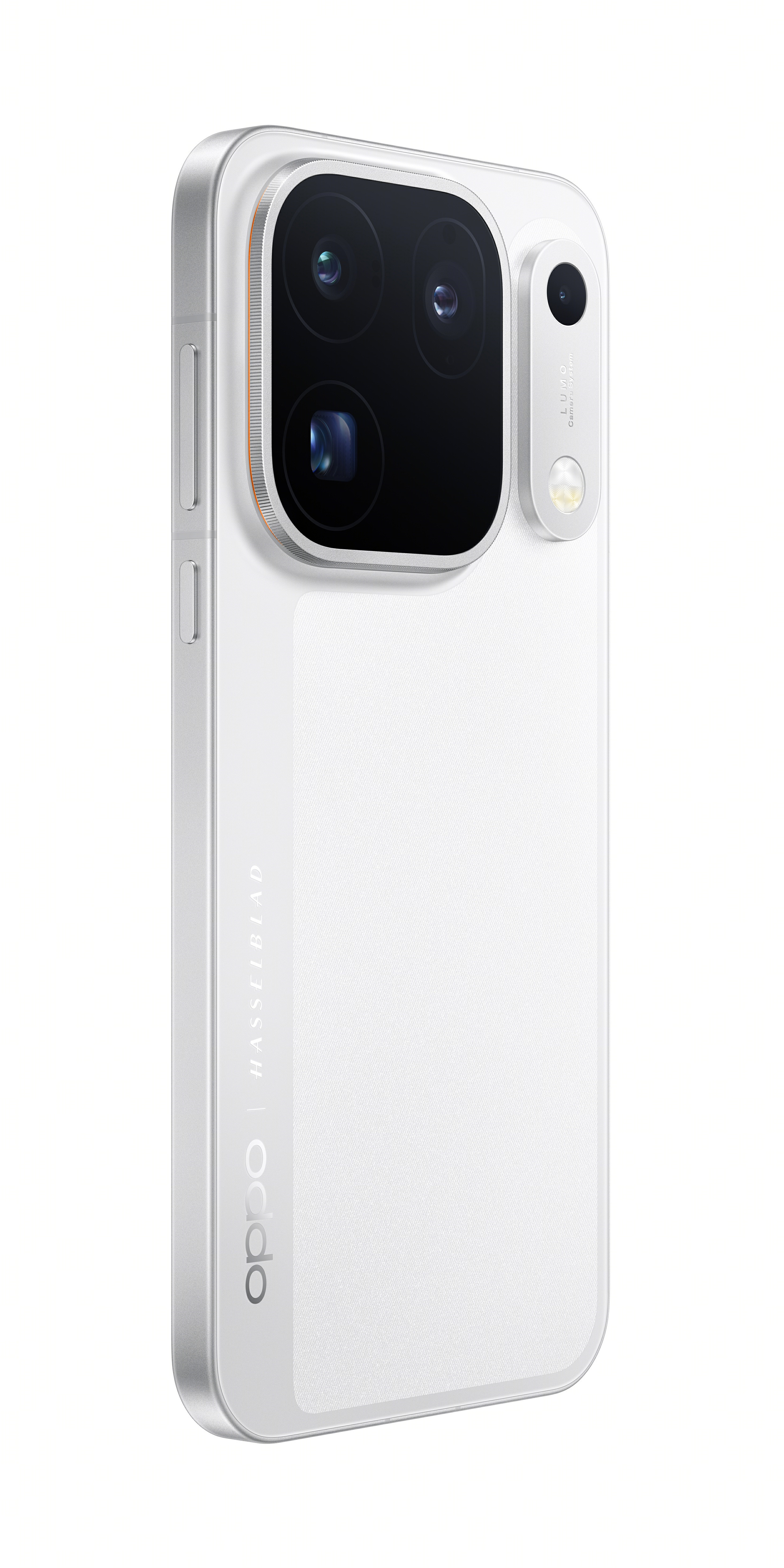 Back of a white smartphone featuring a triple camera module and Oppo Hasselblad branding against a silver background.