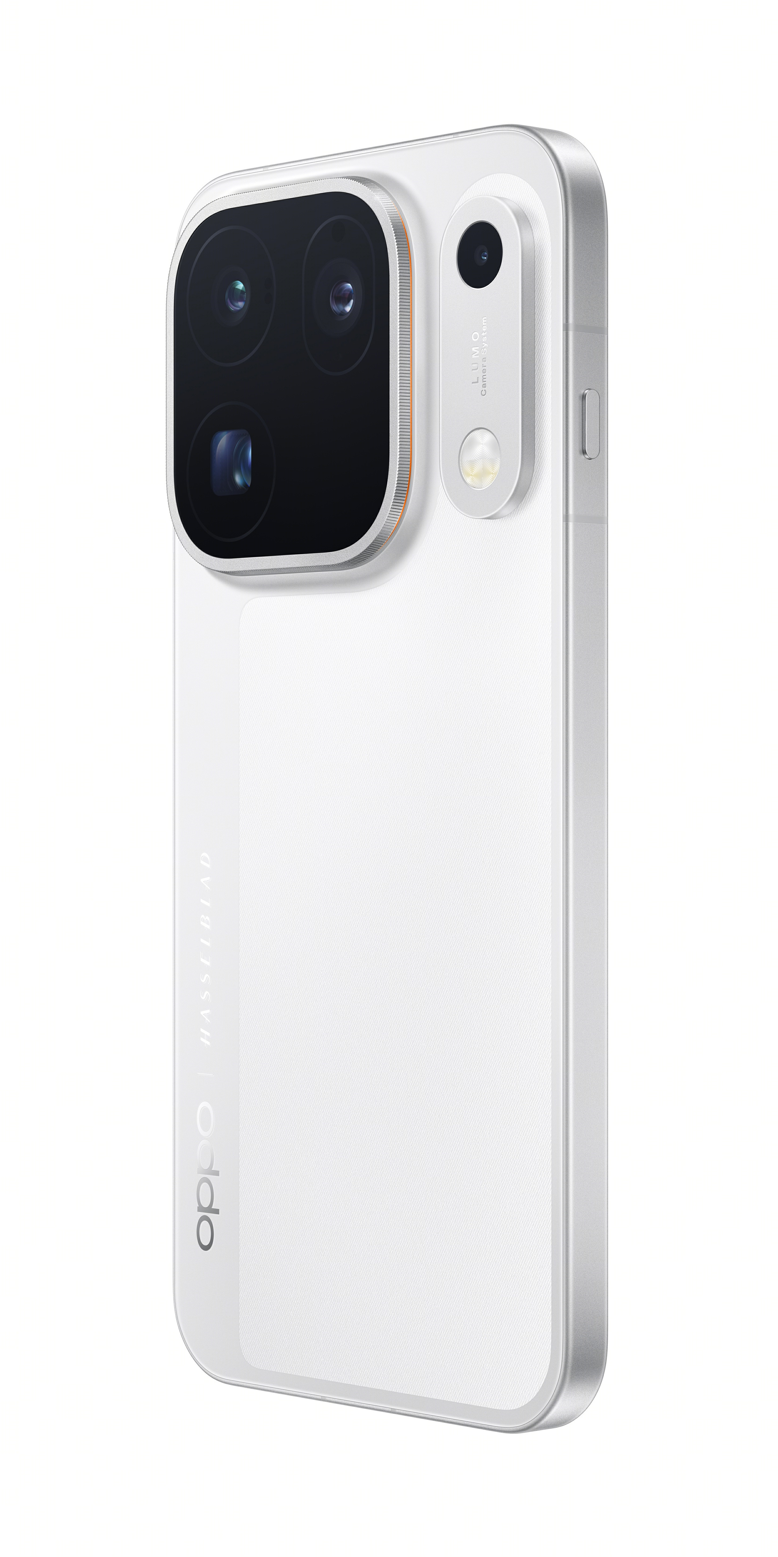 Back of a white smartphone featuring a large triple-camera module on the top left and OPPO Hasselblad branding.