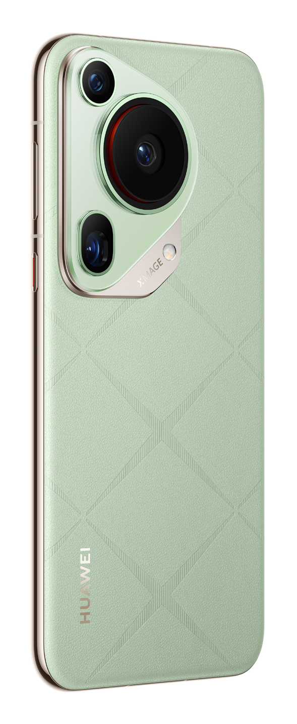Grünes Huawei-Smartphone von hinten mit einem runden dreifach-Kameramodul und Rautenmuster auf der Rückseite.