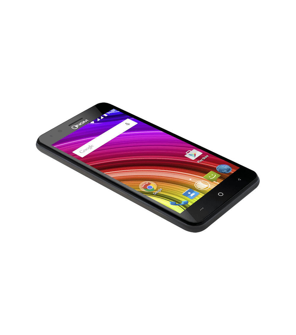 Uno smartphone nero con sfondo colorato e icone di app posizionato in diagonale su sfondo bianco.