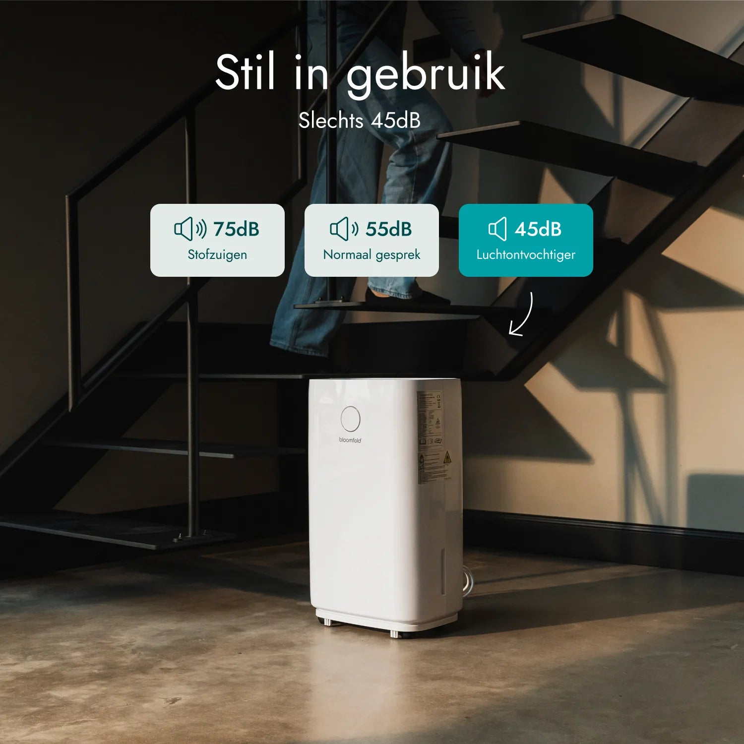 Ein weißer Luftentfeuchter steht auf einem Betonboden unter einer Treppe mit Textoverlays über die Lautstärke.