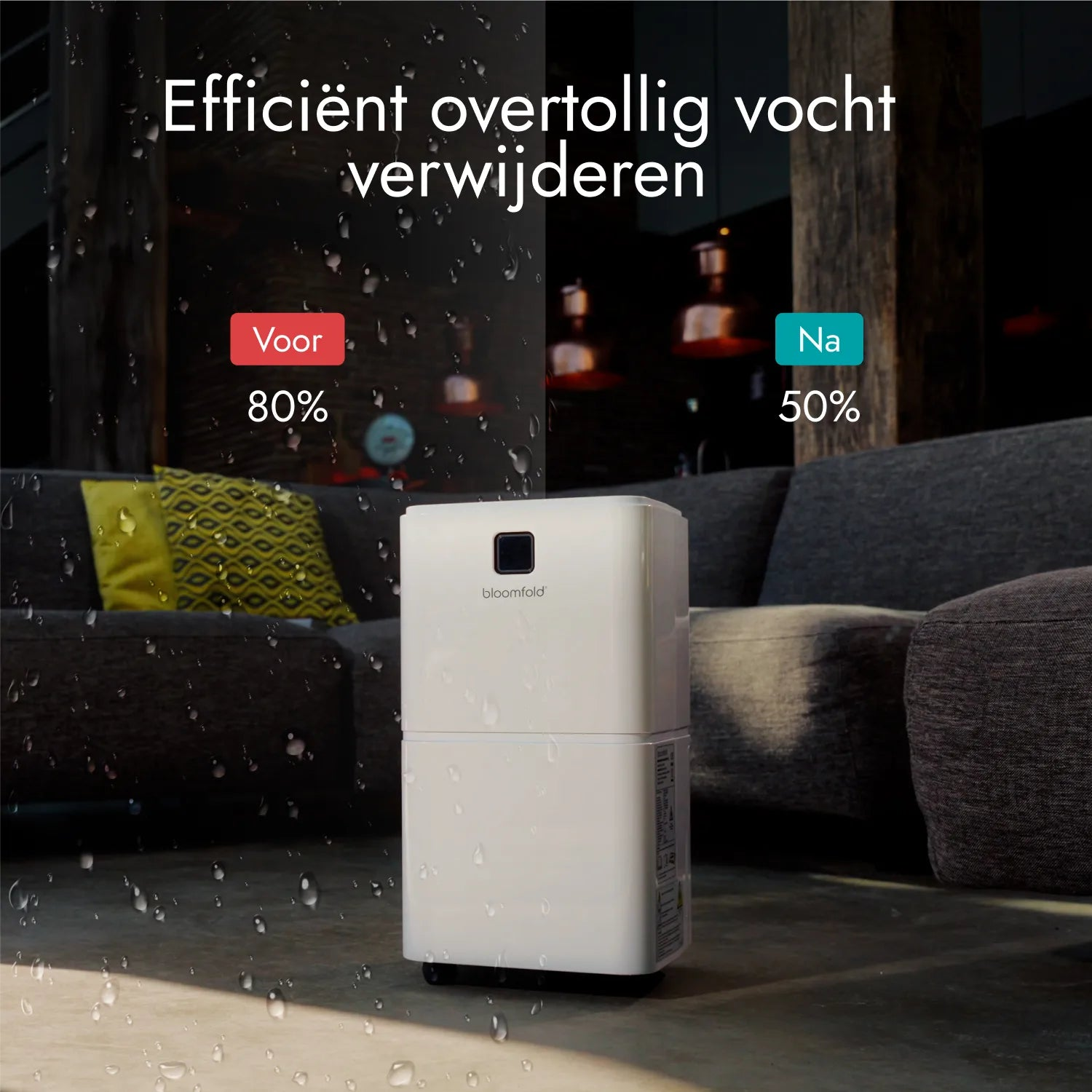 Ein weißer Entfeuchter steht im Raum. Text vergleicht Feuchtigkeit vorher 80% und nachher 50%.