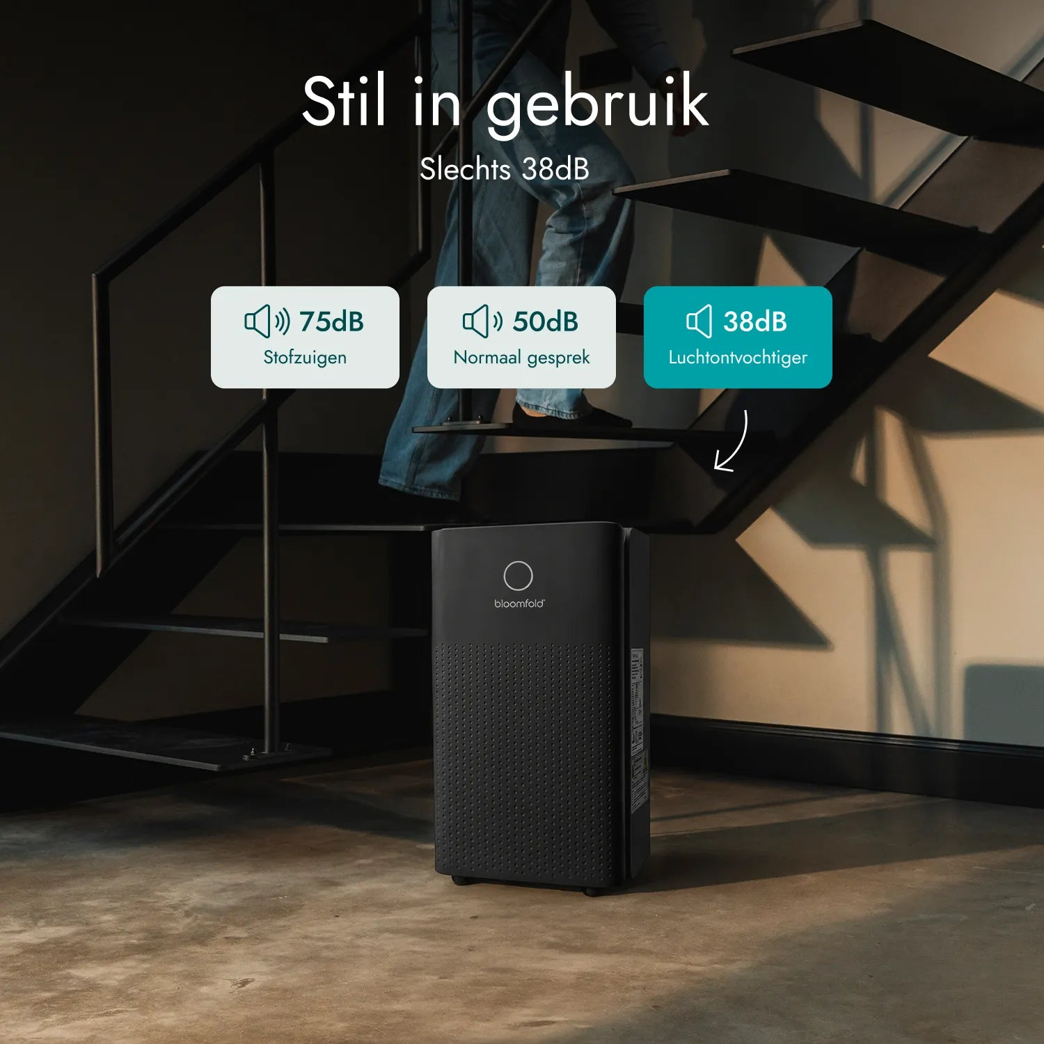 Ein schwarzer Entfeuchter steht unter einer Treppe mit Textoverlays.