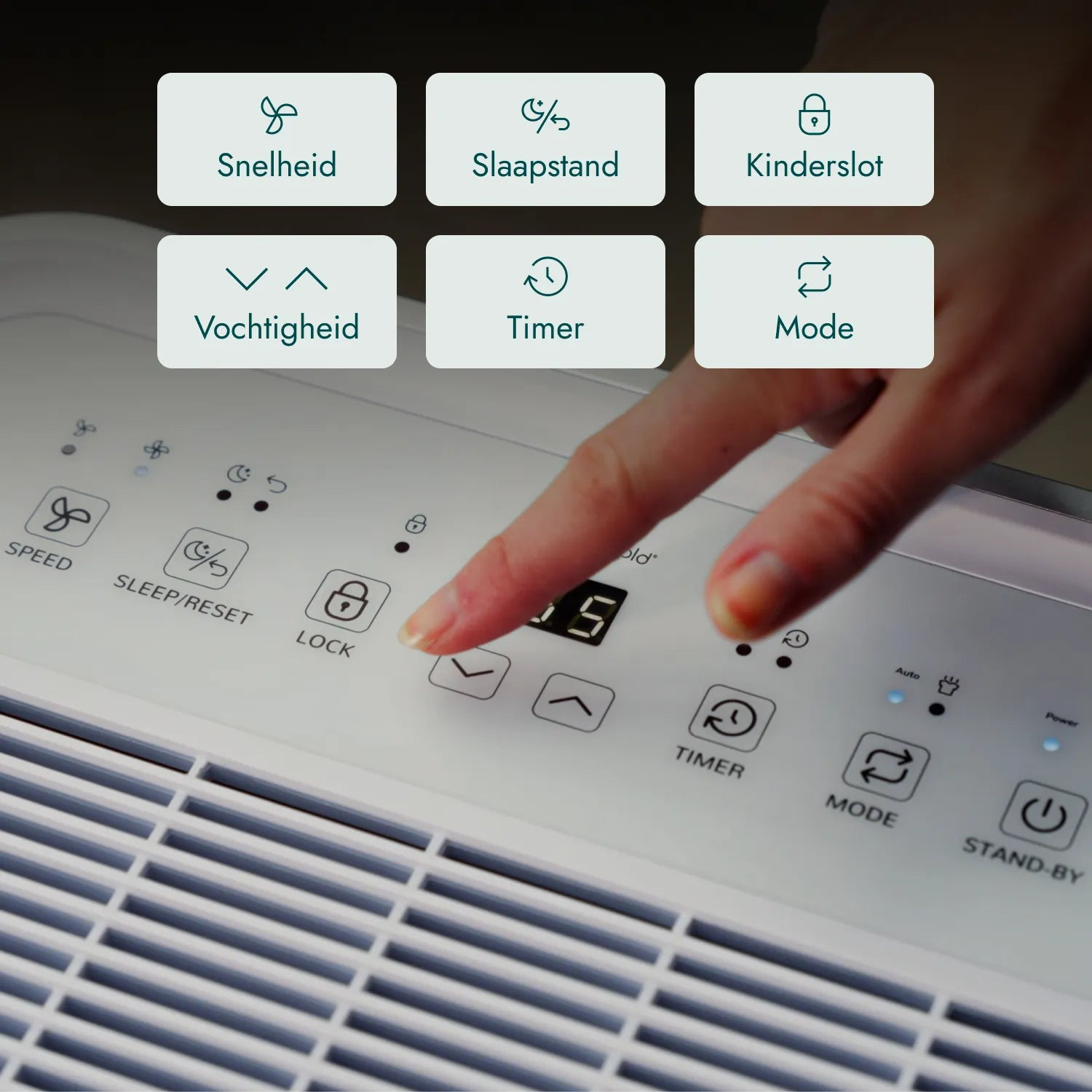 Finger drückt auf das Bedienfeld eines Luftentfeuchters mit Symbolen für Geschwindigkeit, Schlaf, Kindersicherung und Timer.